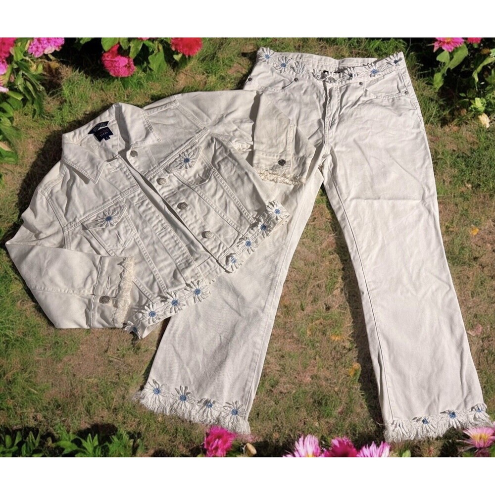 Vintage White blue Tommy Hilfiger Denim floral patch Jacket Y2K 90s Cotton Small